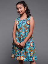 Blue Floral Printed Short Dress - Elganza