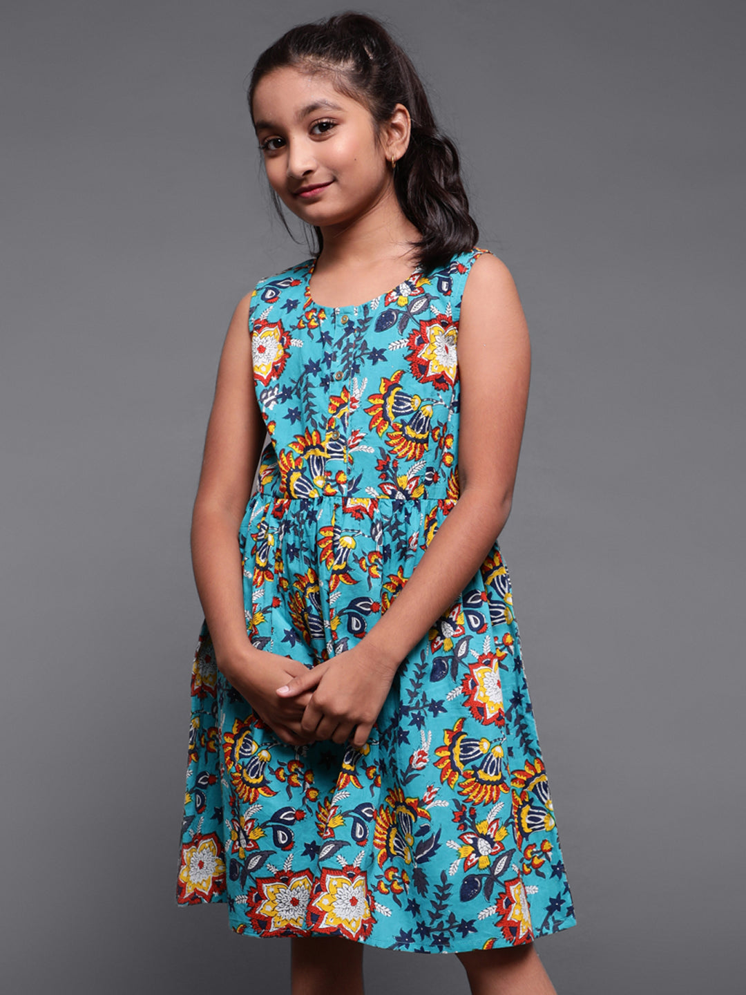 Blue Floral Printed Short Dress - Elganza
