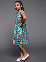 Blue Floral Printed Short Dress - Elganza