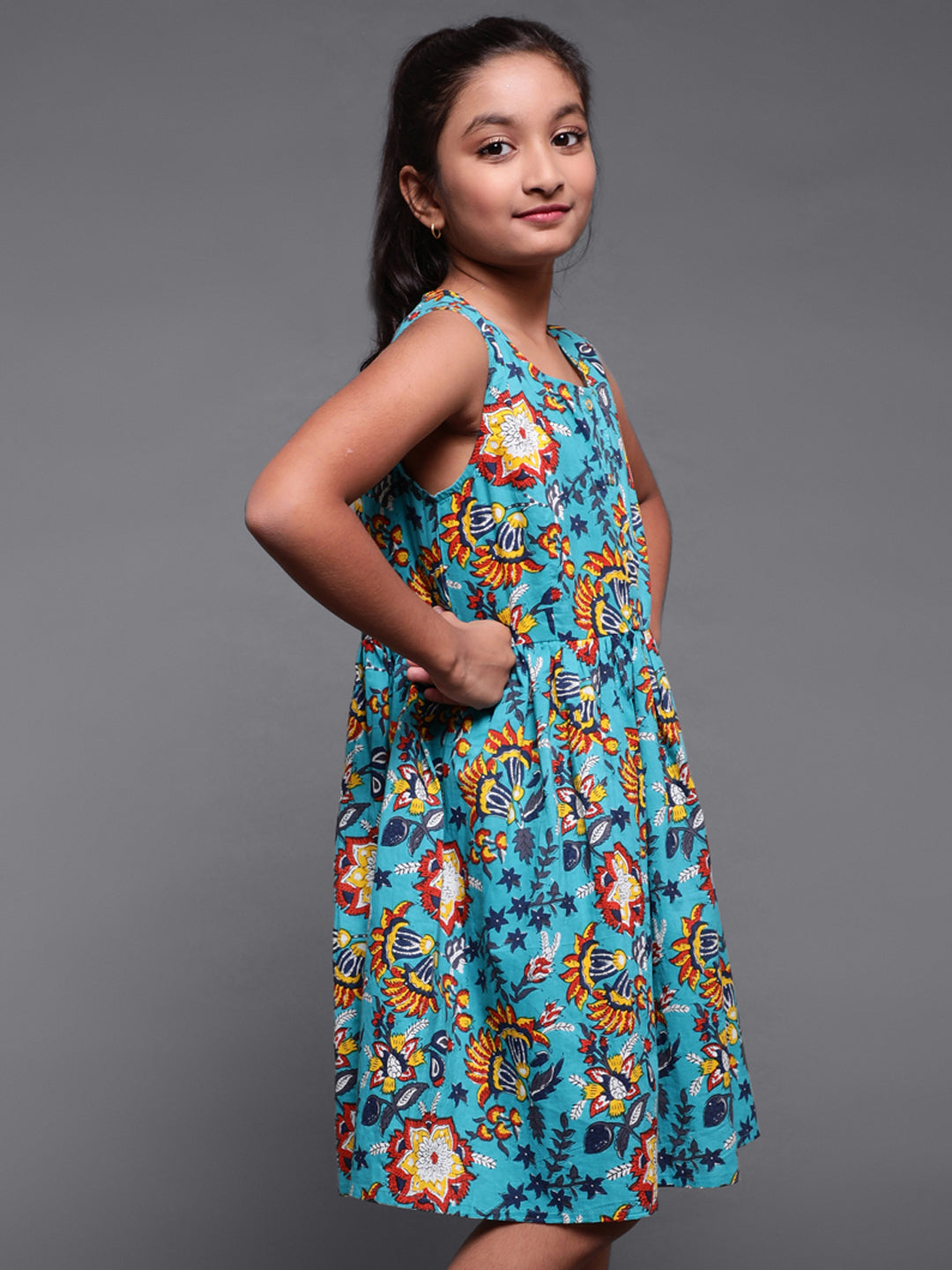 Blue Floral Printed Short Dress - Elganza
