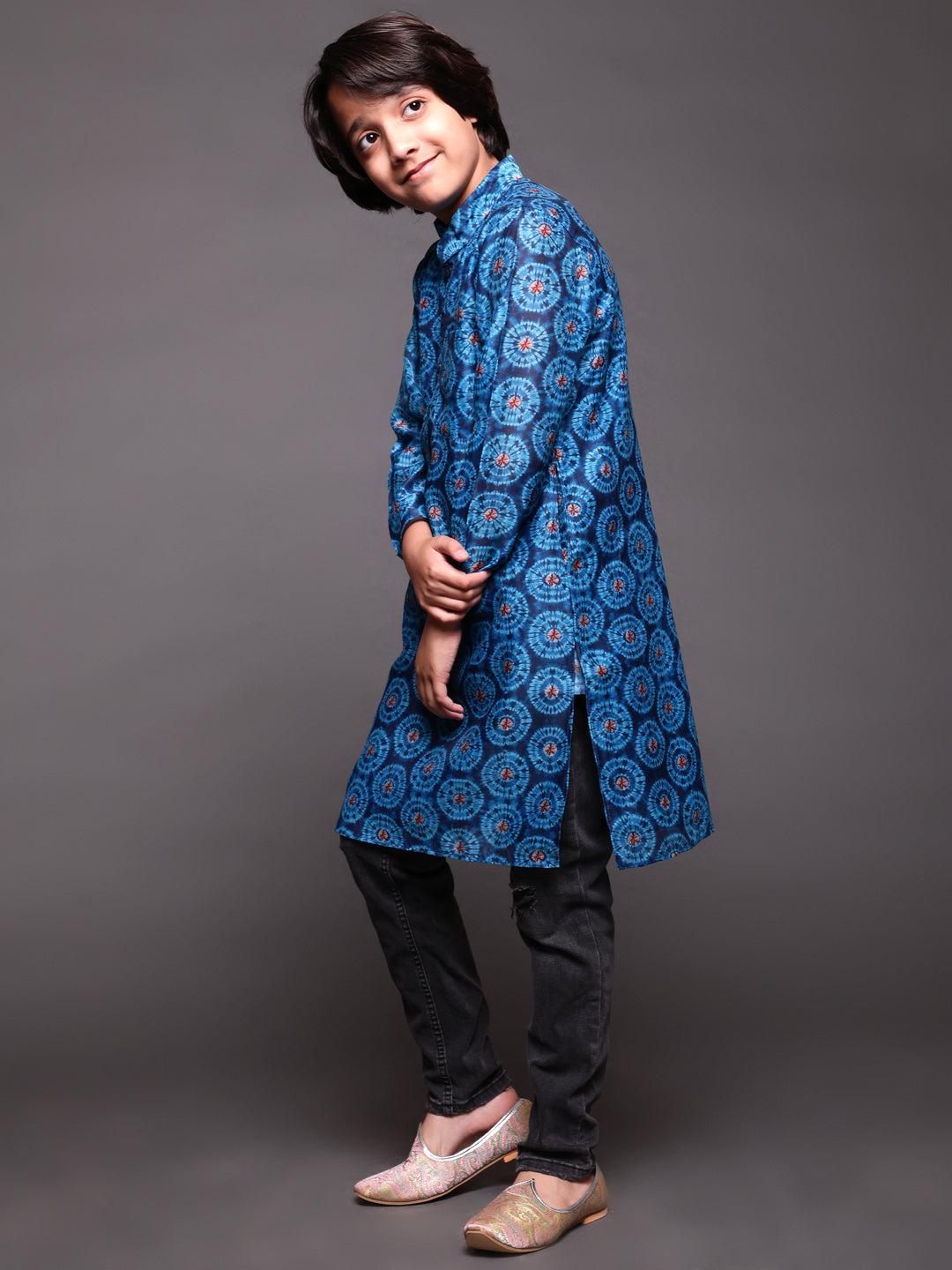 Royal Blue Digital Print Long Kurta - Elganza