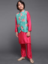 Pink & Green Floral Print Kurta Pyjama With Nehru Jacket - Elganza