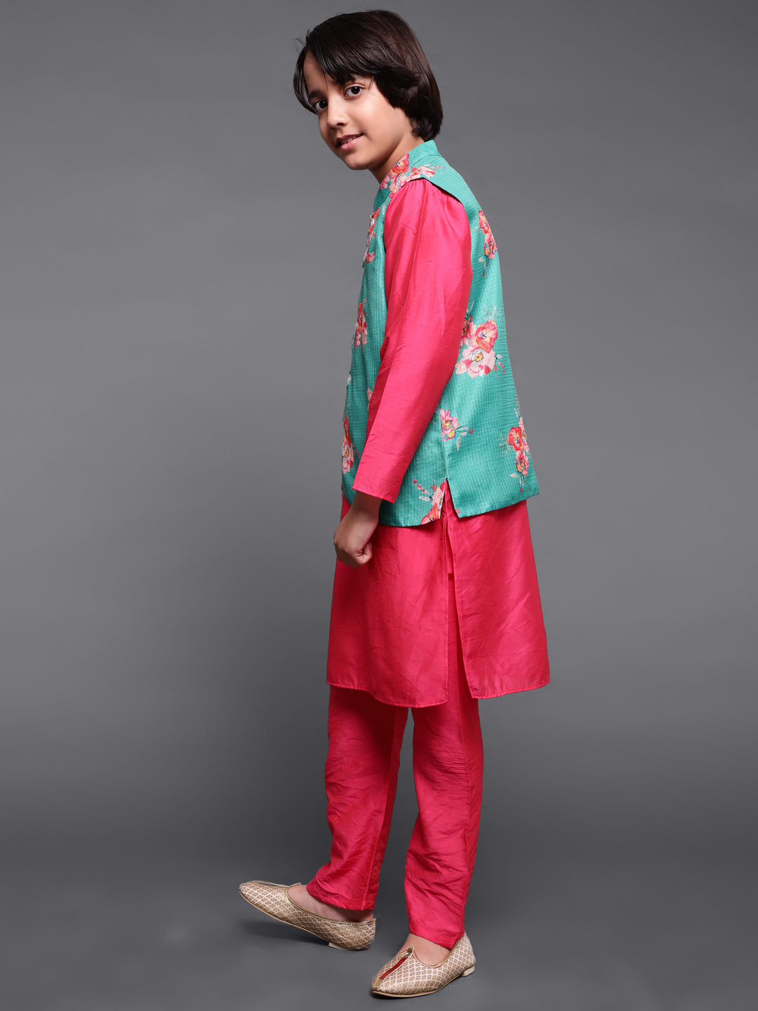 Pink & Green Floral Print Kurta Pyjama With Nehru Jacket - Elganza