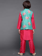 Pink & Green Floral Print Kurta Pyjama With Nehru Jacket - Elganza