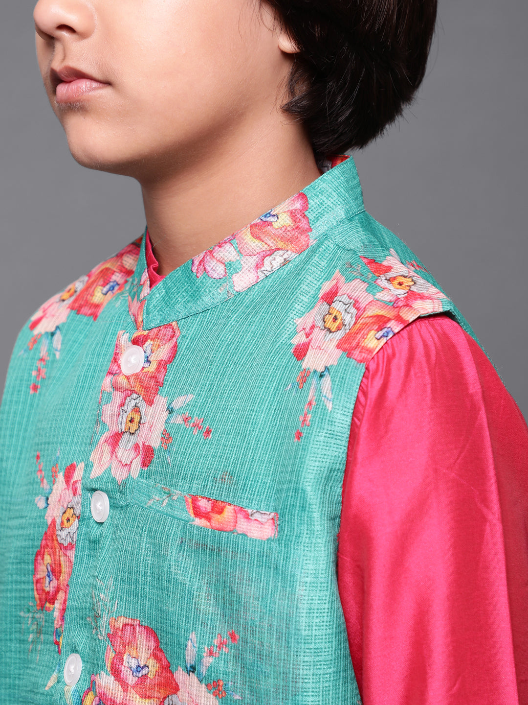 Pink & Green Floral Print Kurta Pyjama With Nehru Jacket - Elganza