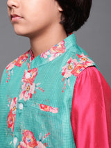 Pink & Green Floral Print Kurta Pyjama With Nehru Jacket - Elganza