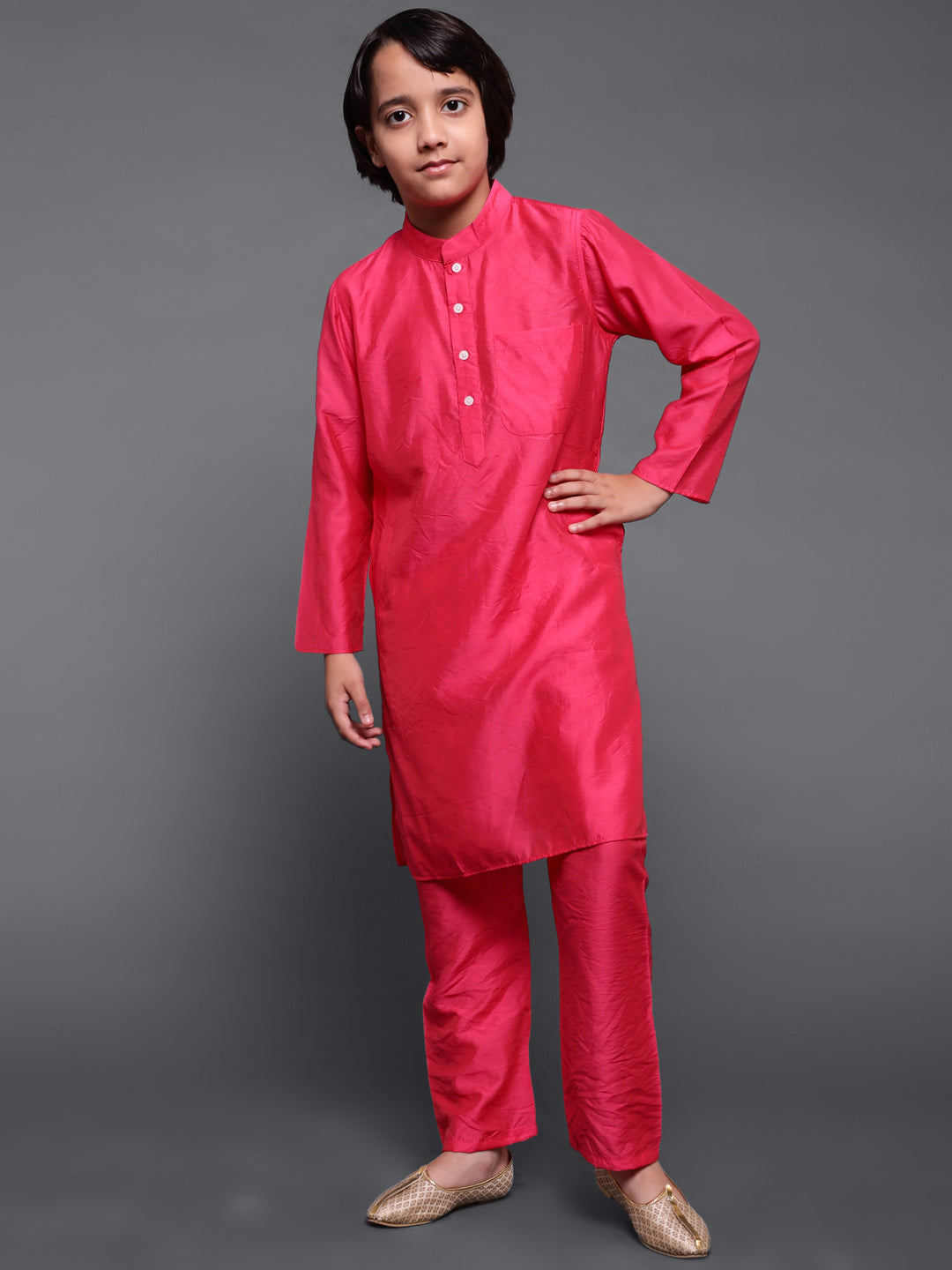 Pink & Green Floral Print Kurta Pyjama With Nehru Jacket - Elganza