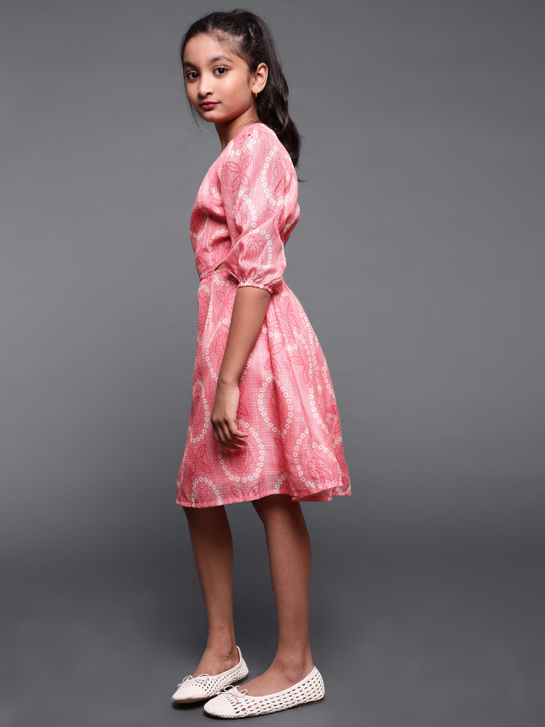 Peach Bandhani Printed Cut-Out Skater Dress
