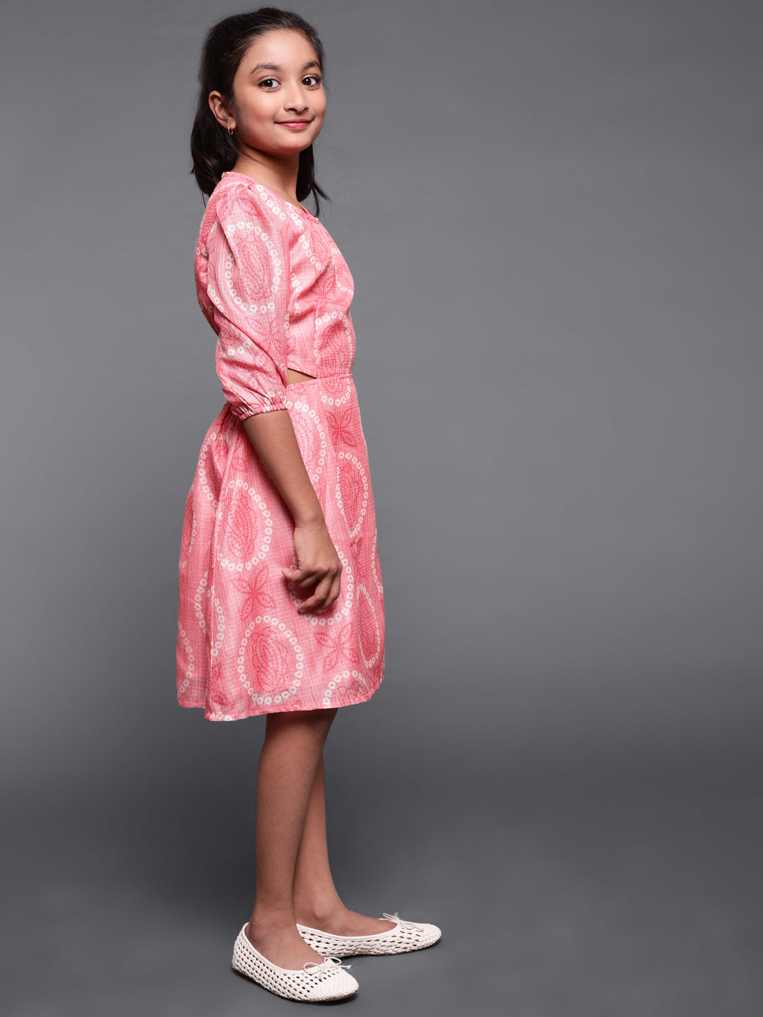 Peach Bandhani Printed Cut-Out Skater Dress