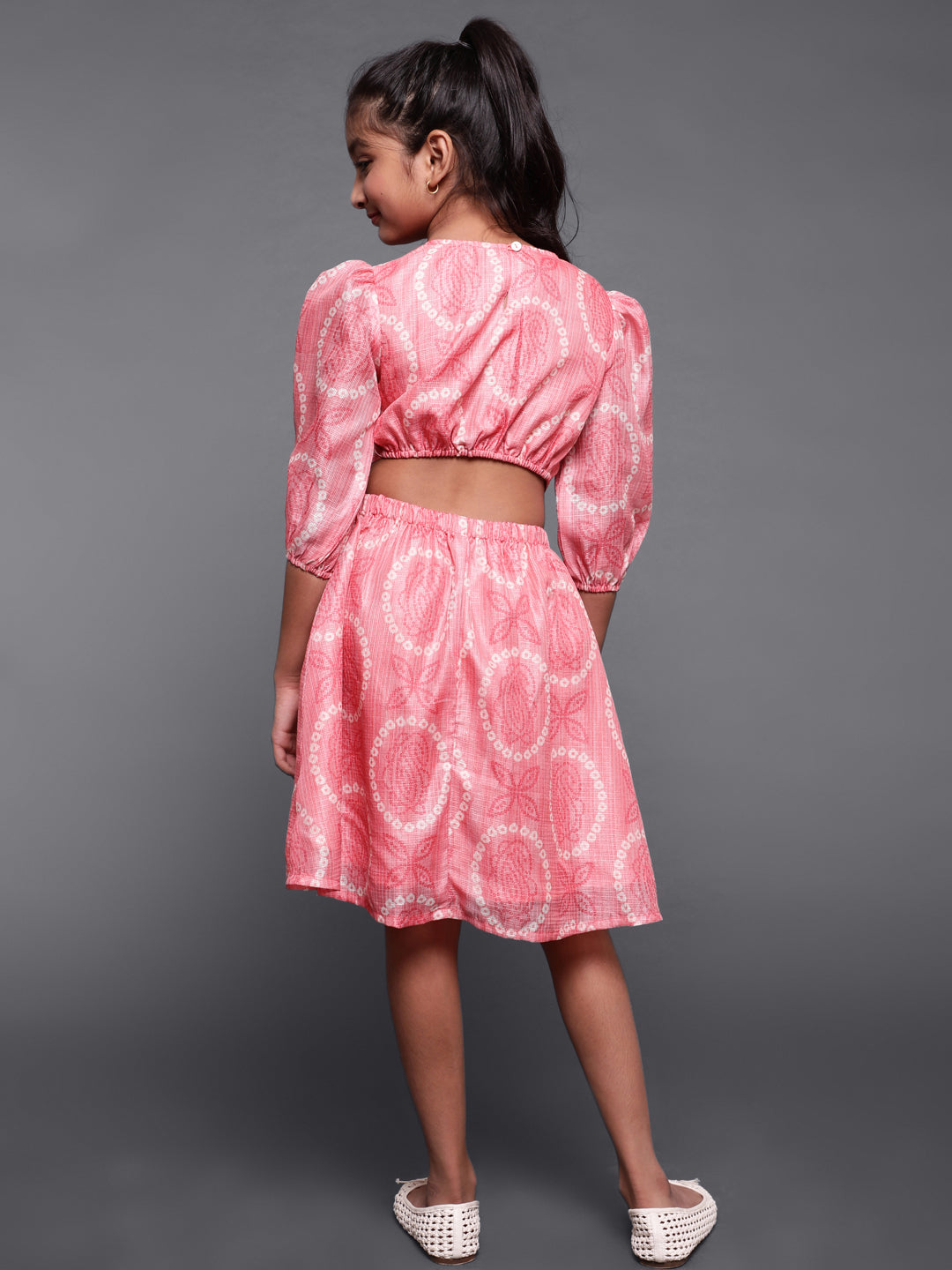 Peach Bandhani Printed Cut-Out Skater Dress