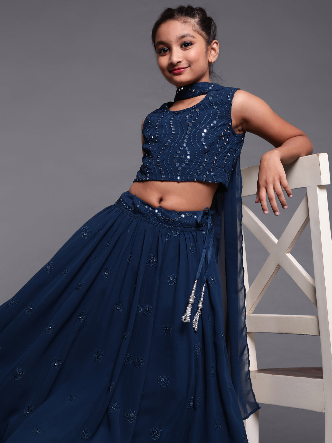 Blue Mirror Work Lehenga Choli With Dupatta Set - Elganza