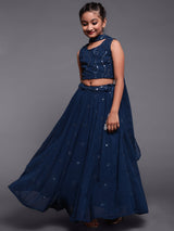 Blue Mirror Work Lehenga Choli With Dupatta Set - Elganza