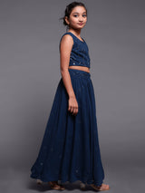 Blue Mirror Work Lehenga Choli With Dupatta Set - Elganza