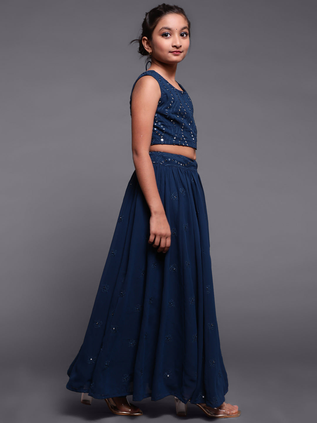 Blue Mirror Work Lehenga Choli With Dupatta Set - Elganza