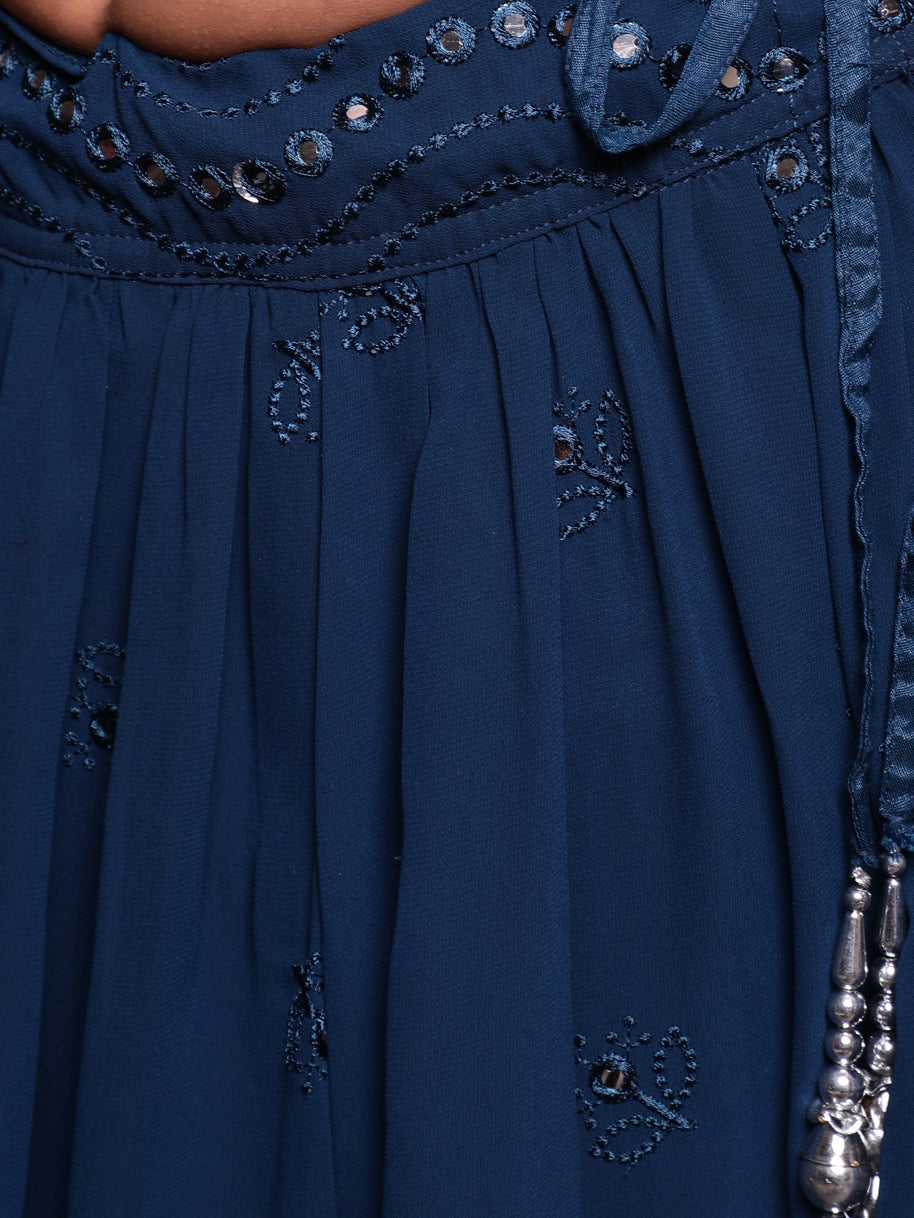 Blue Mirror Work Lehenga Choli With Dupatta Set - Elganza