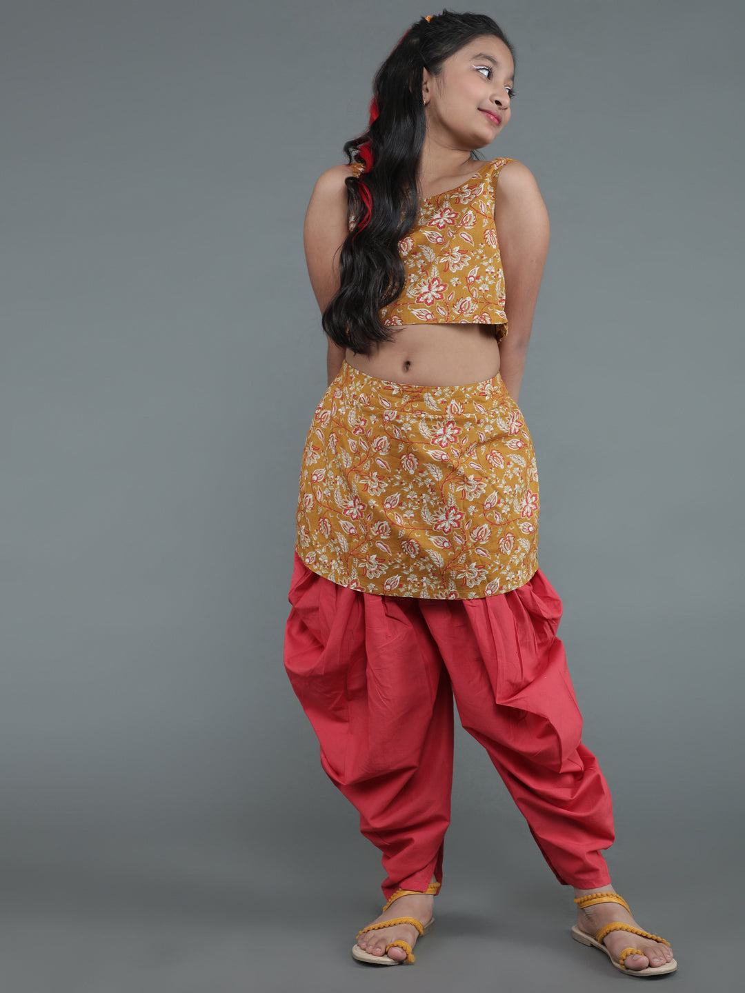 Mustard & Red Floral Print Top With Dhoti Pant