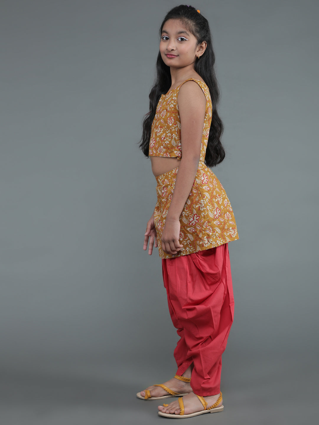Mustard & Red Floral Print Top With Dhoti Pant
