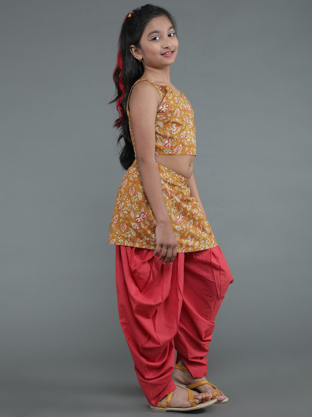 Mustard & Red Floral Print Top With Dhoti Pant