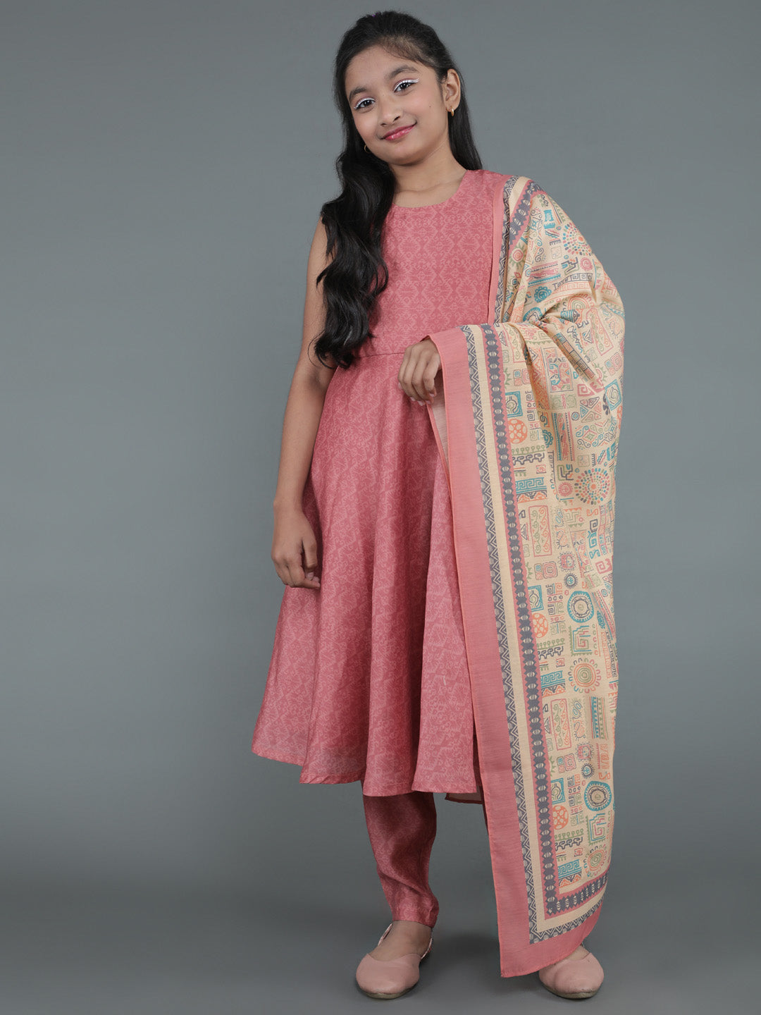 Mauve Geometric Print Anarkali Pant With Dupatta