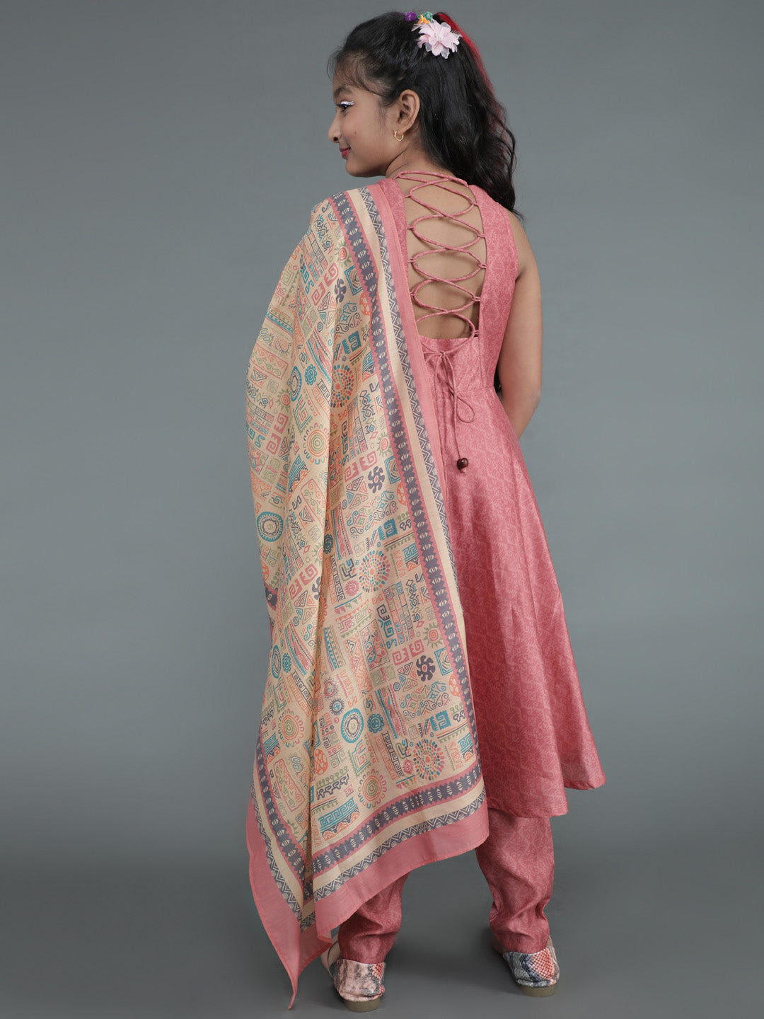 Mauve Geometric Print Anarkali Pant With Dupatta