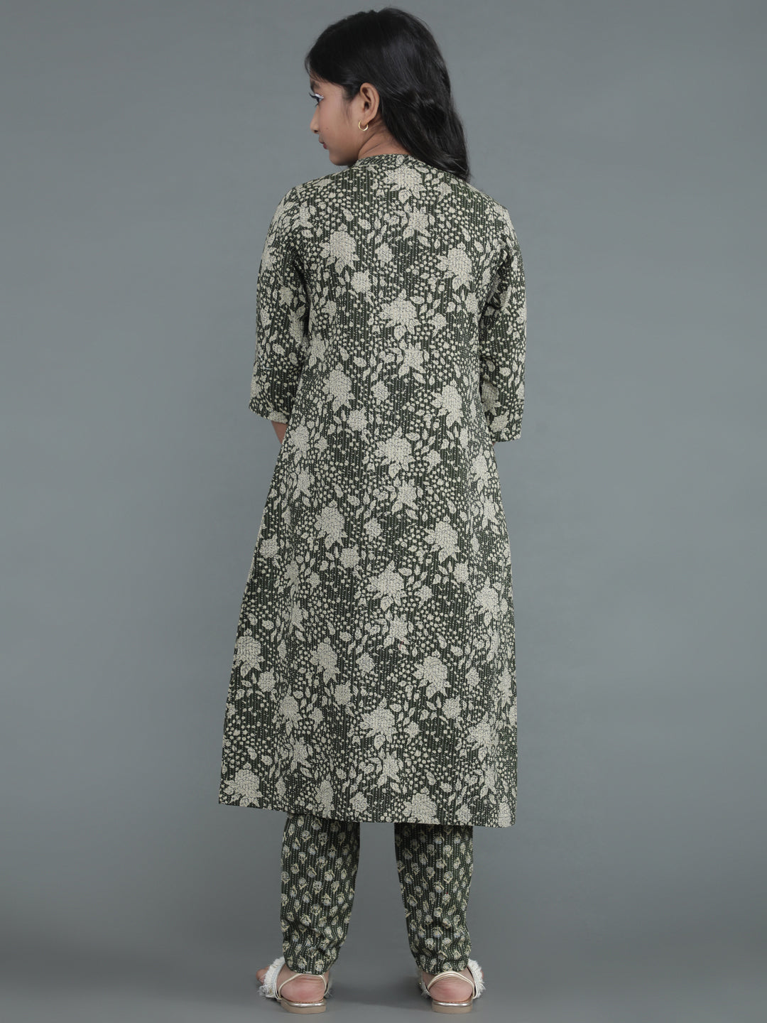Green Floral Print Kantha Work Kurta With Pant - Elganza