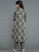 Green Floral Print Kantha Work Kurta With Pant - Elganza