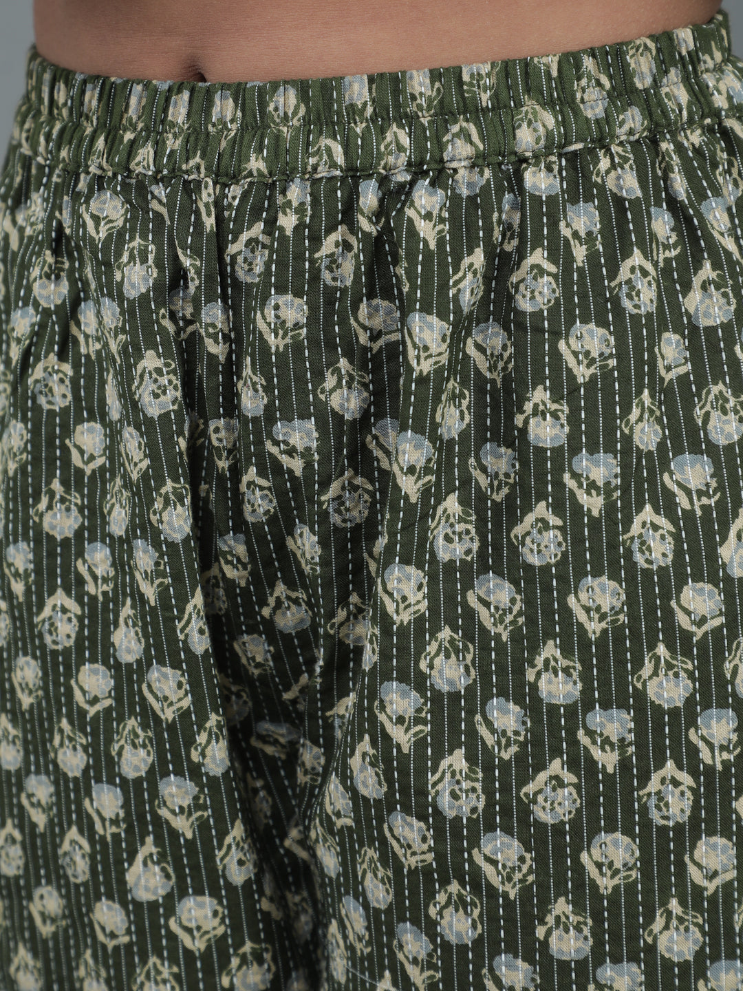 Green Floral Print Kantha Work Kurta With Pant - Elganza