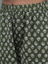 Green Floral Print Kantha Work Kurta With Pant - Elganza