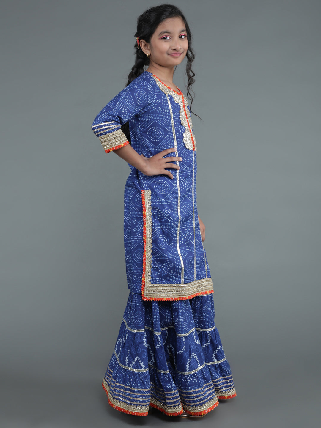 Navy Blue Bandhani Print Kurta Sharara With Dupatta