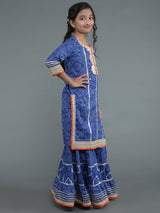Navy Blue Bandhani Print Kurta Sharara With Dupatta