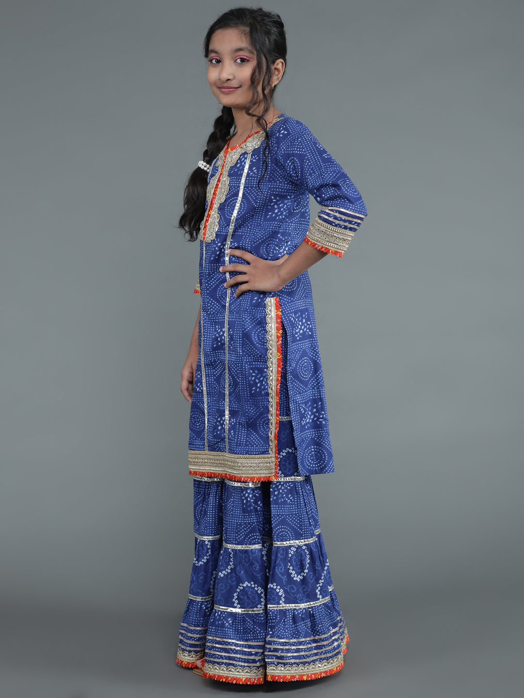 Navy Blue Bandhani Print Kurta Sharara With Dupatta