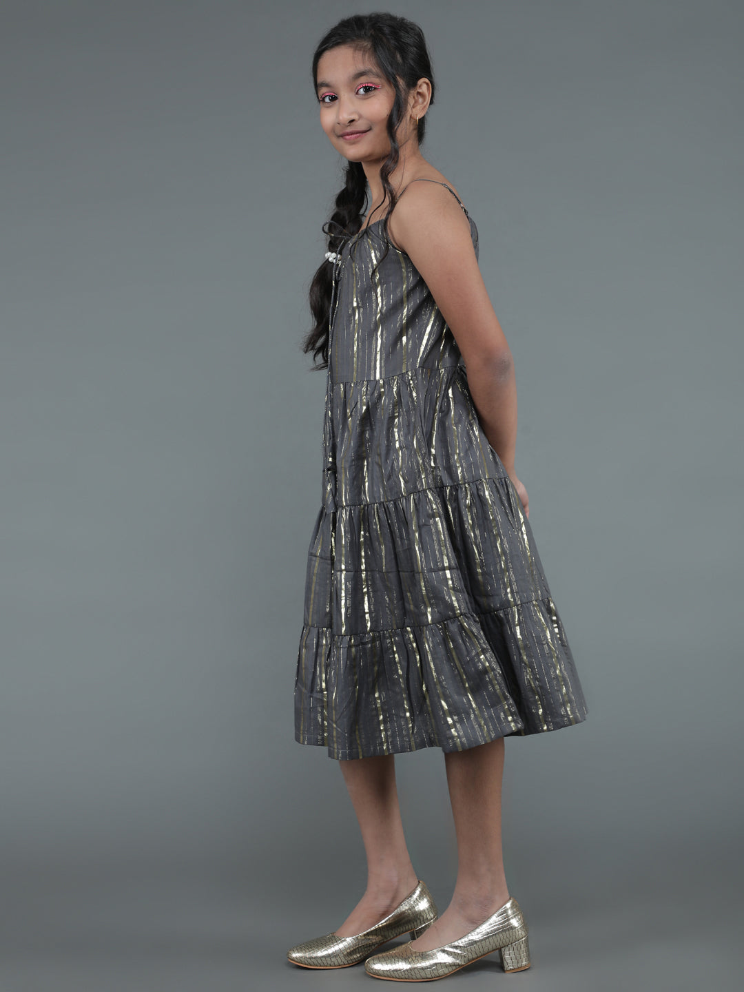 Grey Gold Striped Tiered Dress