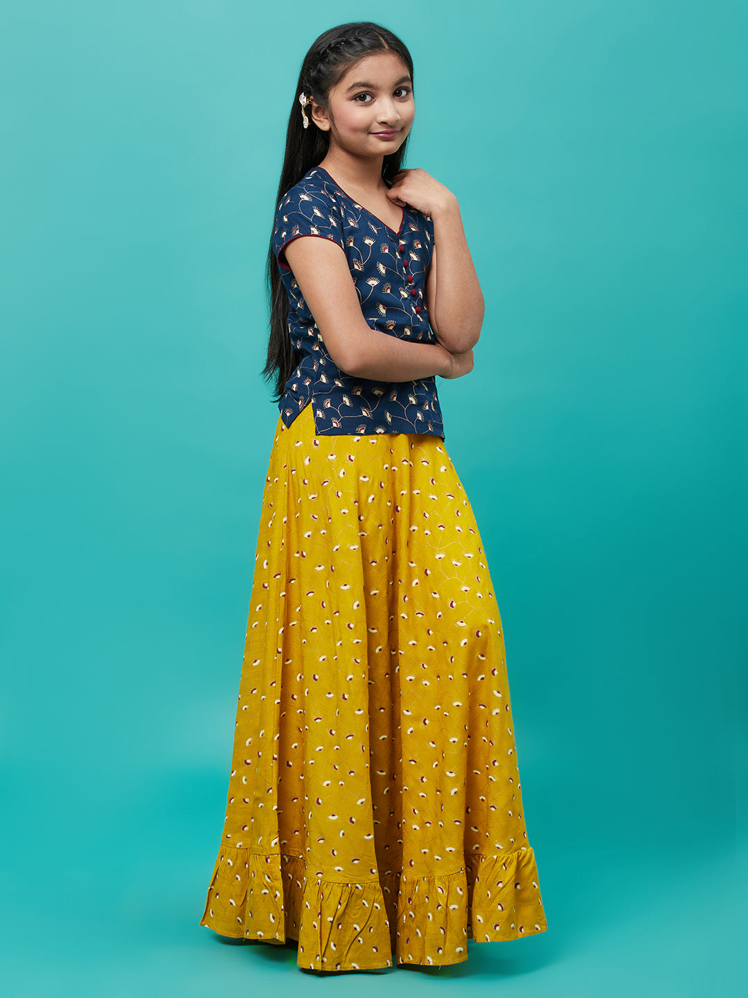 Yellow & Blue Floral Print Lehenga Choli