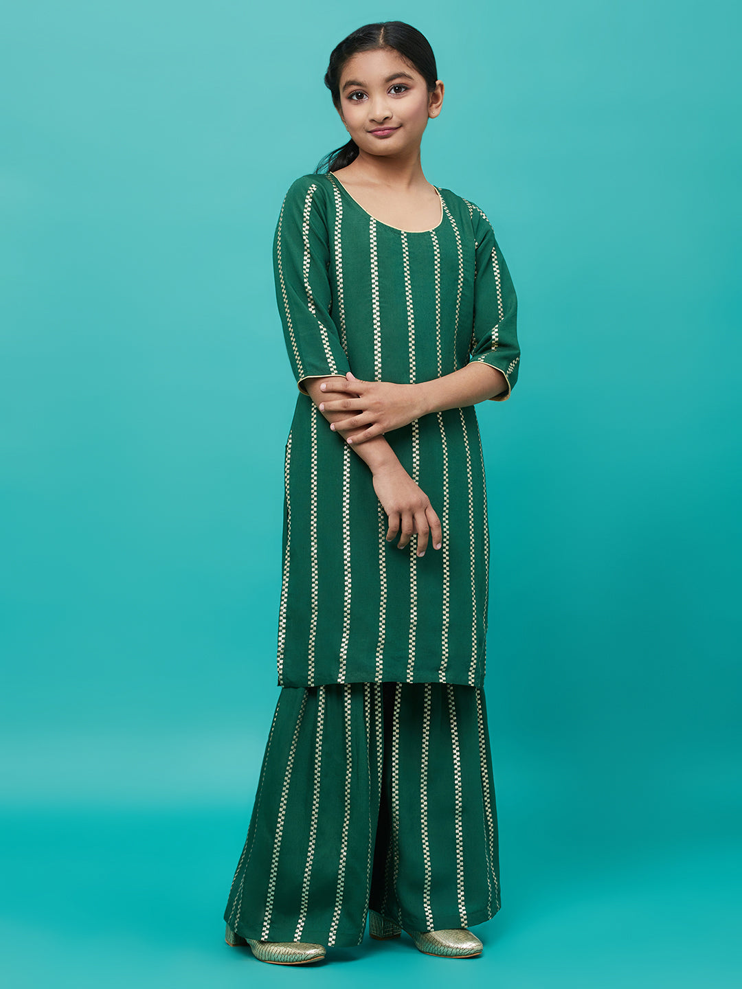 Green Striped Kurta With Sharara