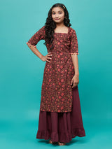 Maroon Floral Print Kurta With Skirt