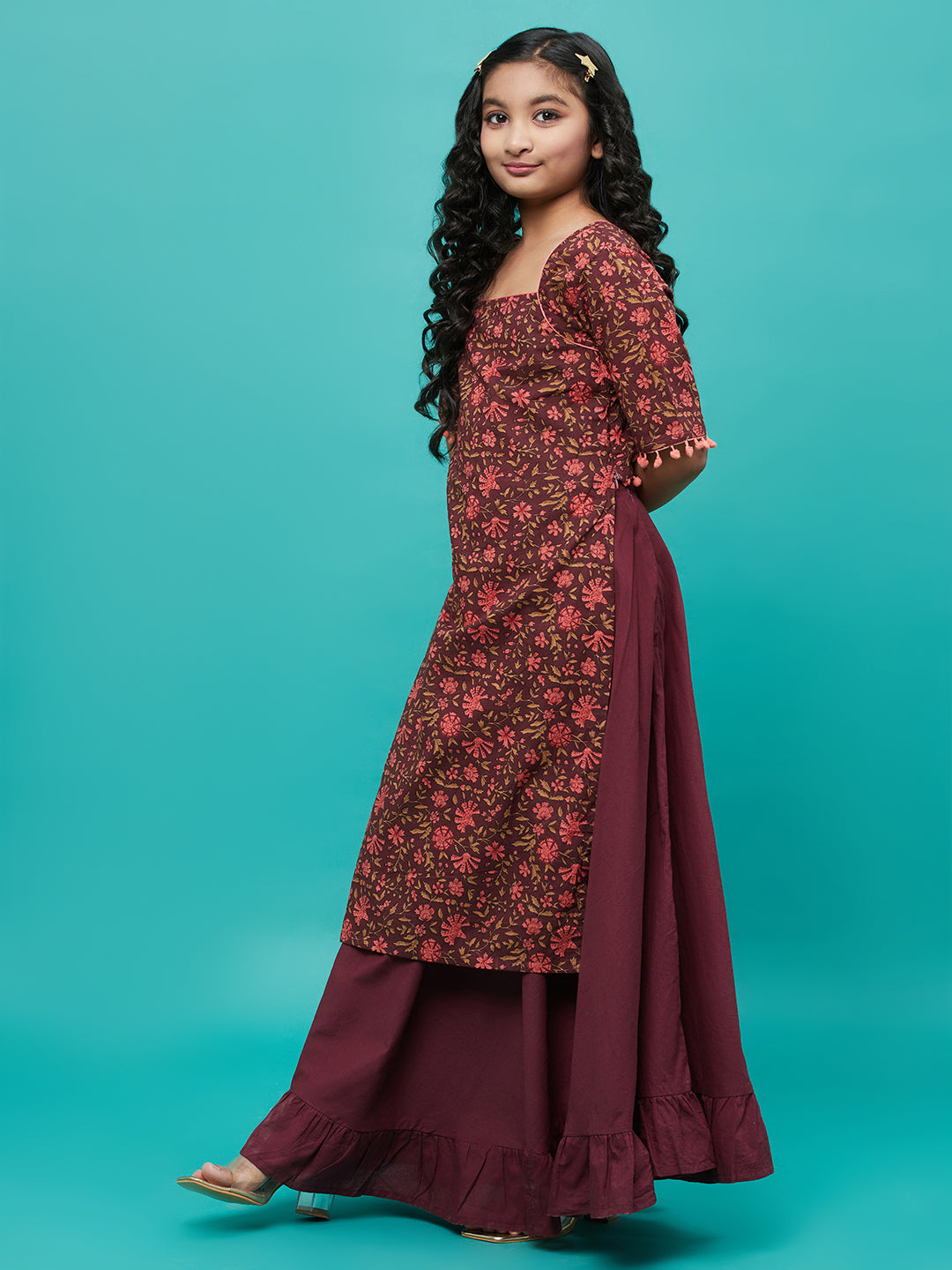Maroon Floral Print Kurta With Skirt