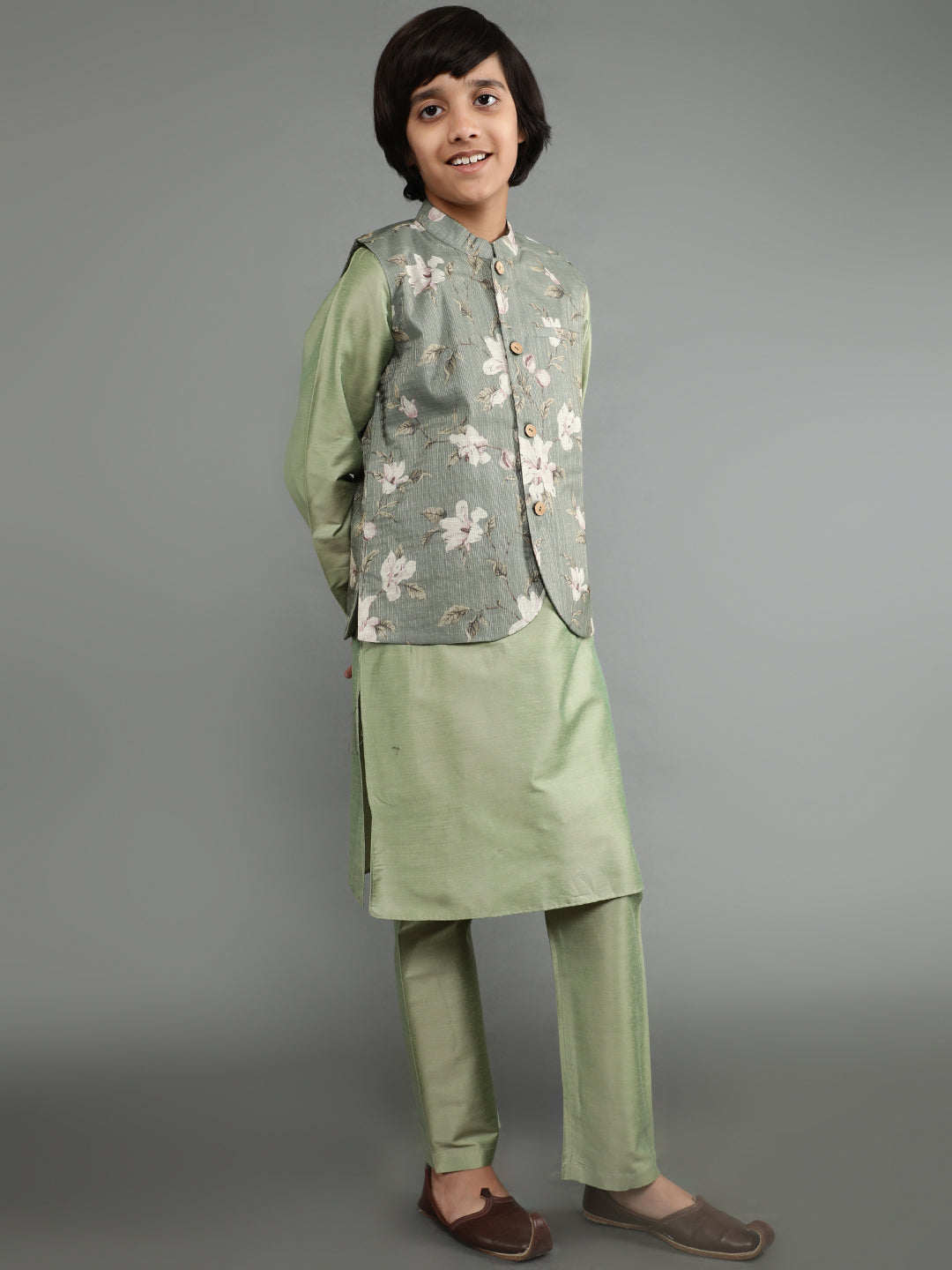 Pastel Green Kurta Pant With Nehru Jacket - Elganza