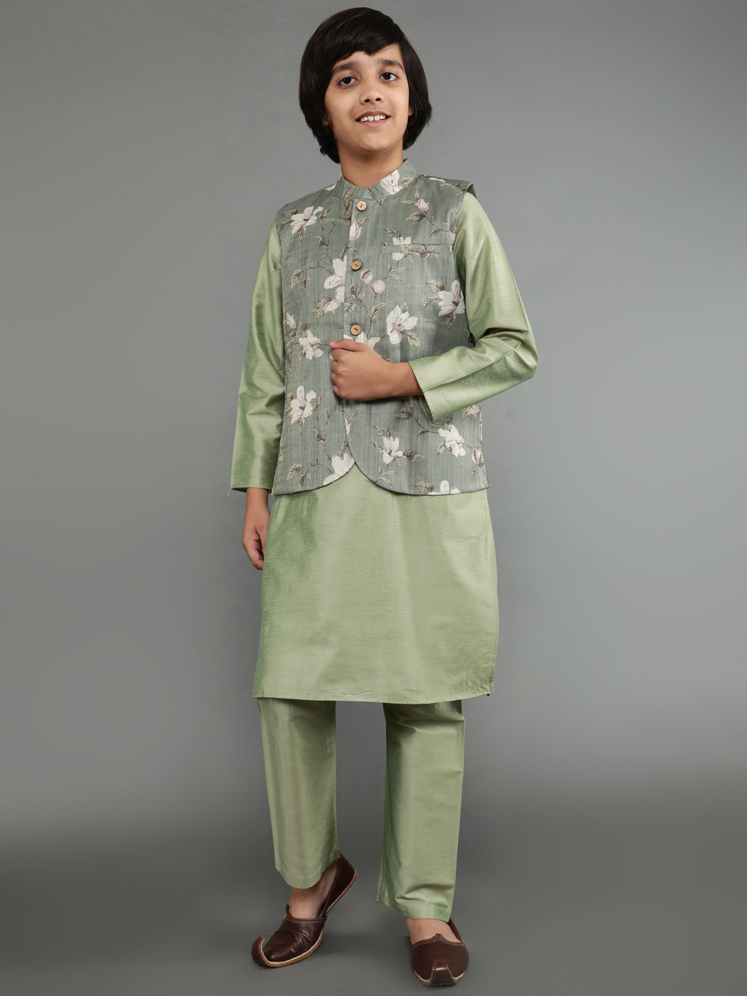 Pastel Green Kurta Pant With Nehru Jacket - Elganza
