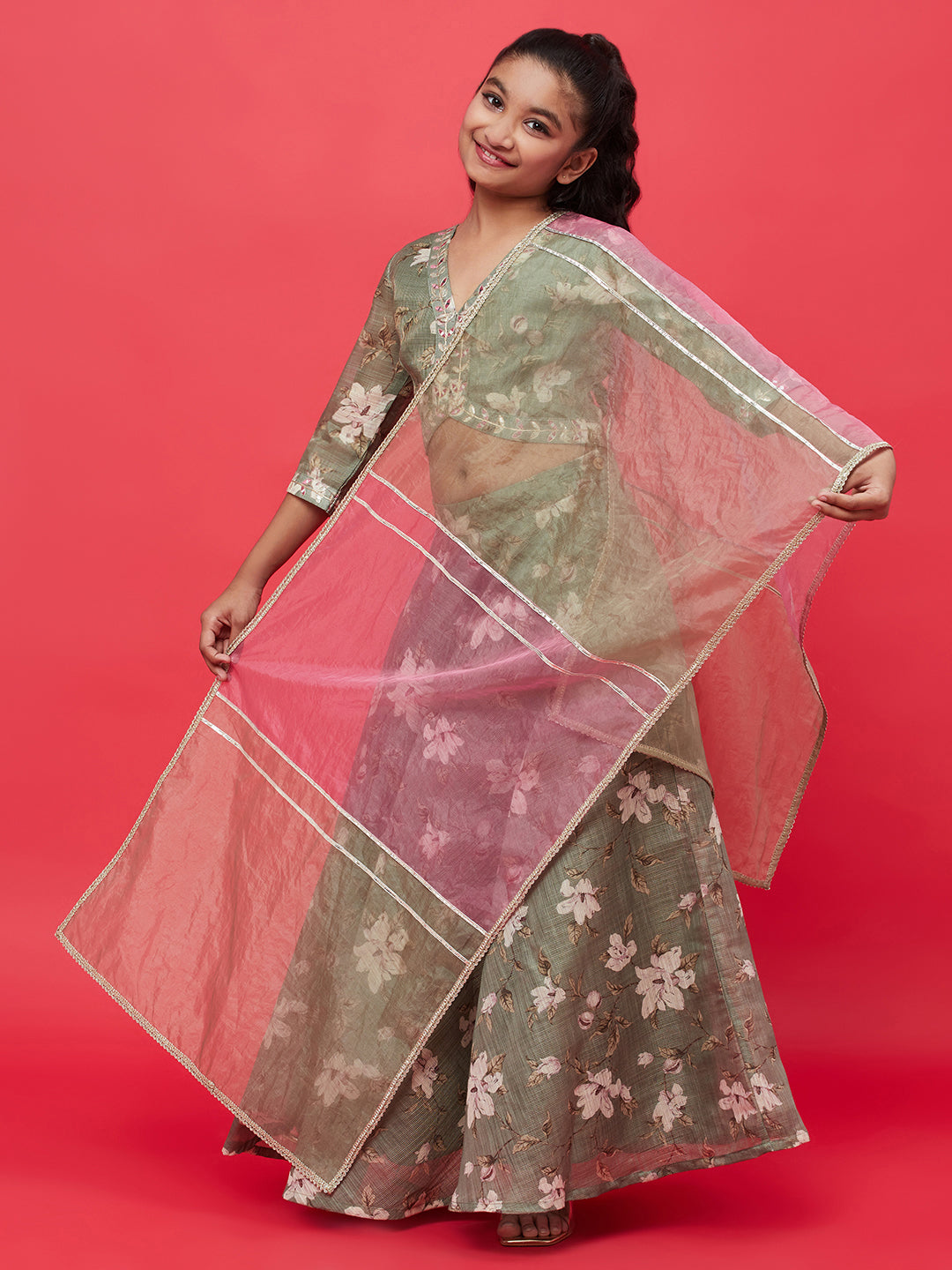 Pastel Green Floral Print Lehenga Choli With Dupatta