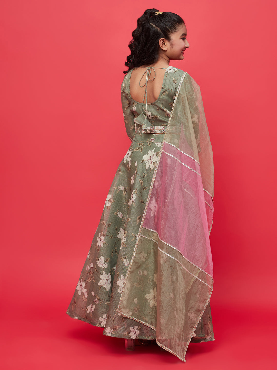 Pastel Green Floral Print Lehenga Choli With Dupatta