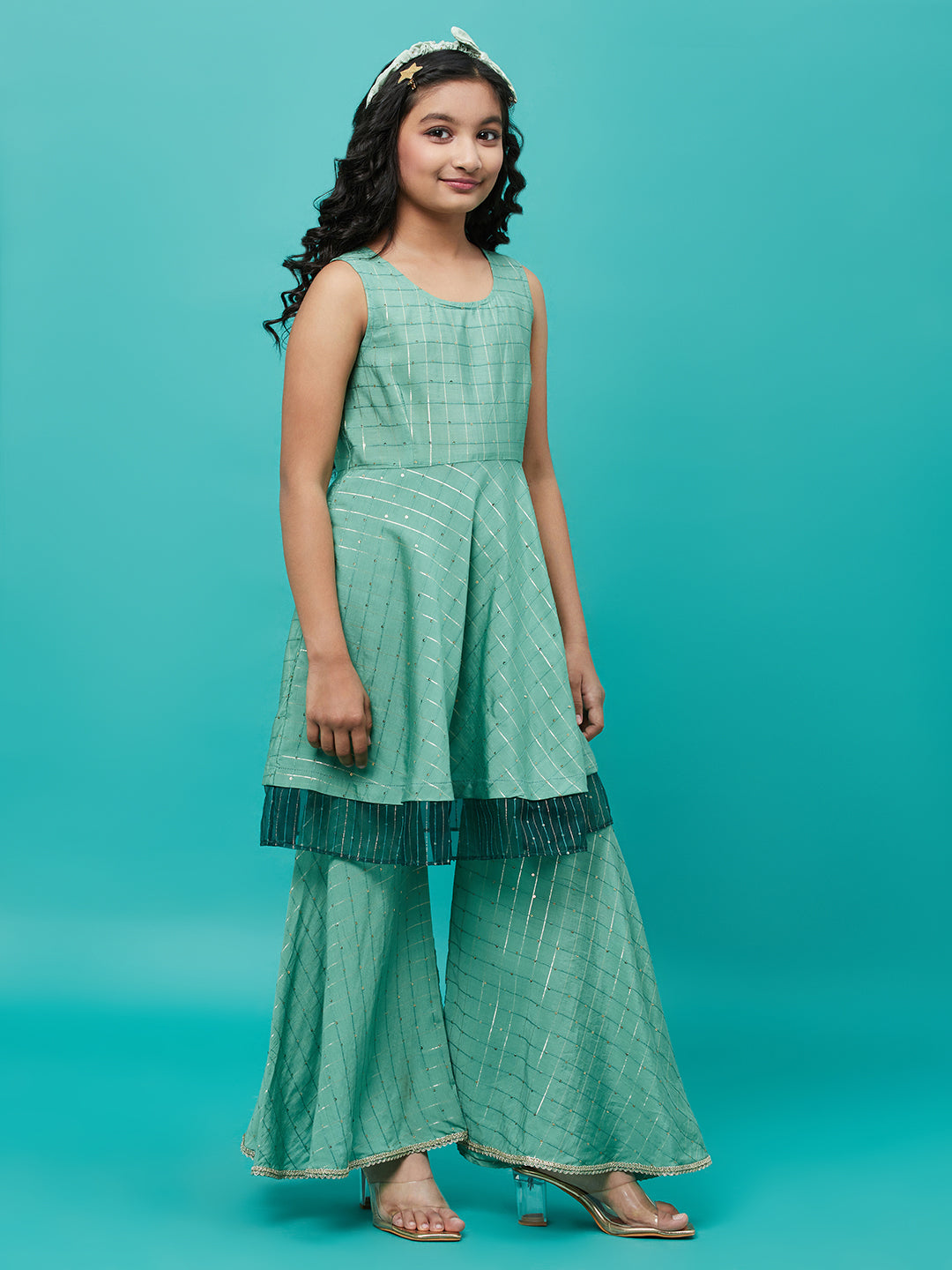 Green Sequin Kurta Sharara With Dupatta