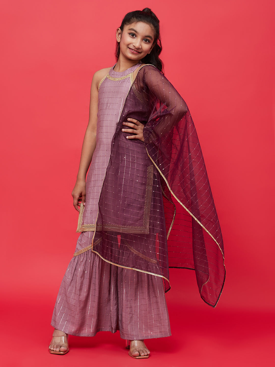 Brown Sequin Kurta Sharara With Dupatta
