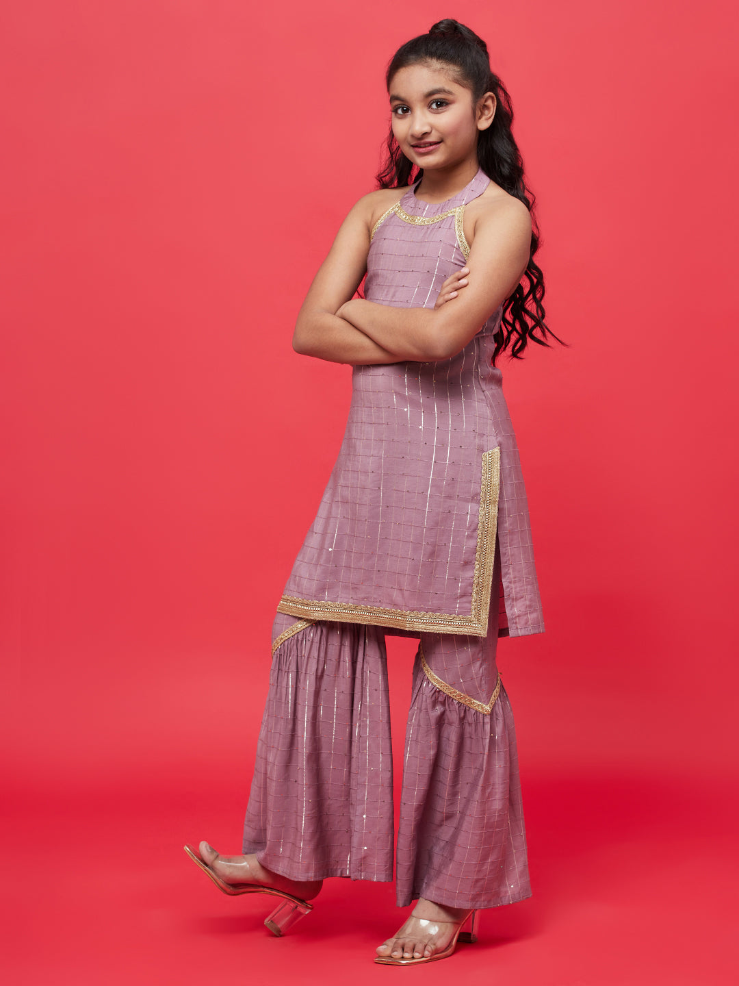 Brown Sequin Kurta Sharara With Dupatta