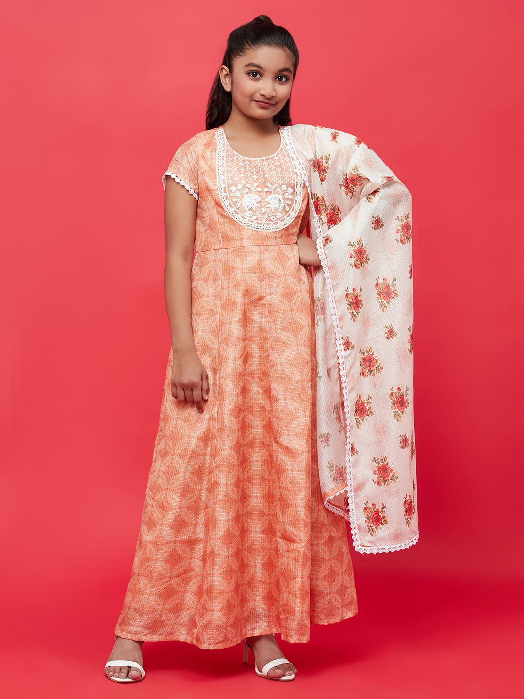 Peach Embroidered Yoke Maxi Dress With Dupatta