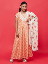 Peach Embroidered Yoke Maxi Dress With Dupatta
