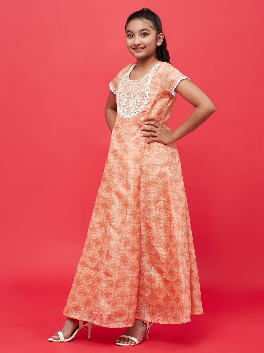 Peach Embroidered Yoke Maxi Dress With Dupatta