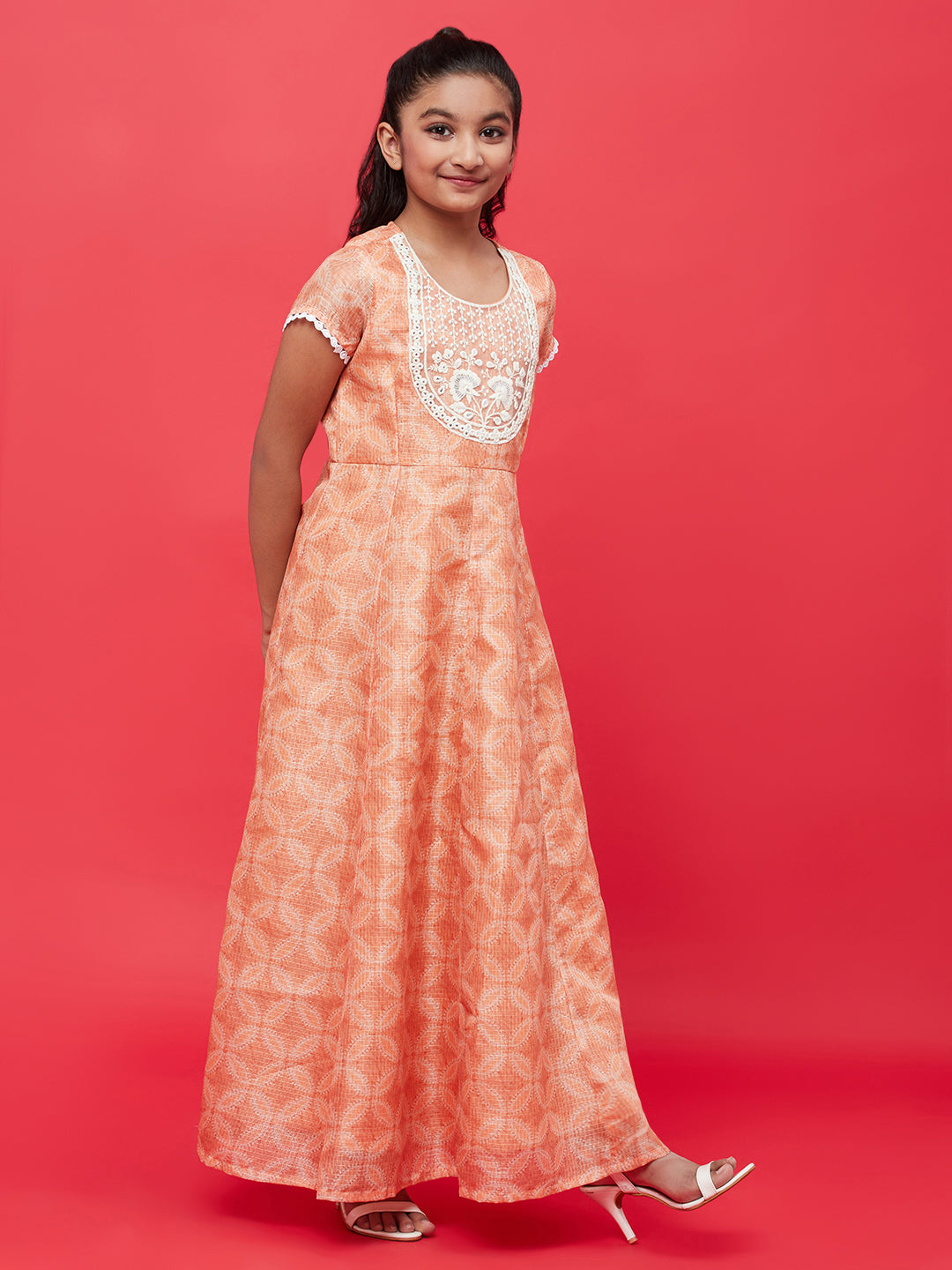 Peach Embroidered Yoke Maxi Dress With Dupatta