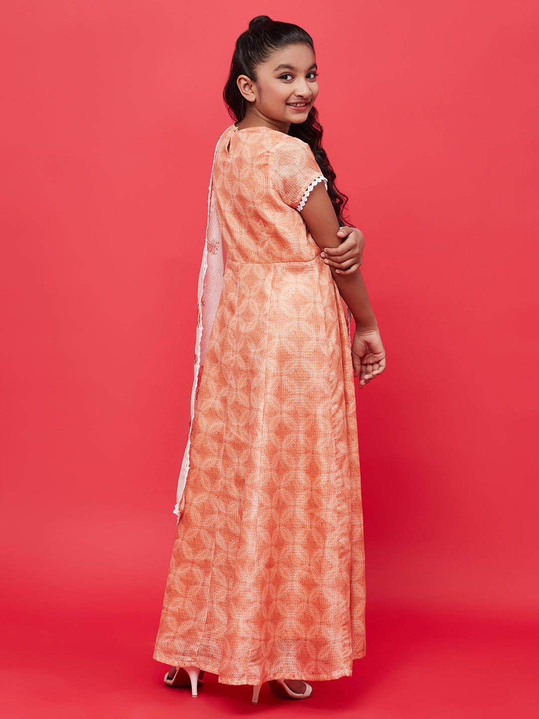 Peach Embroidered Yoke Maxi Dress With Dupatta