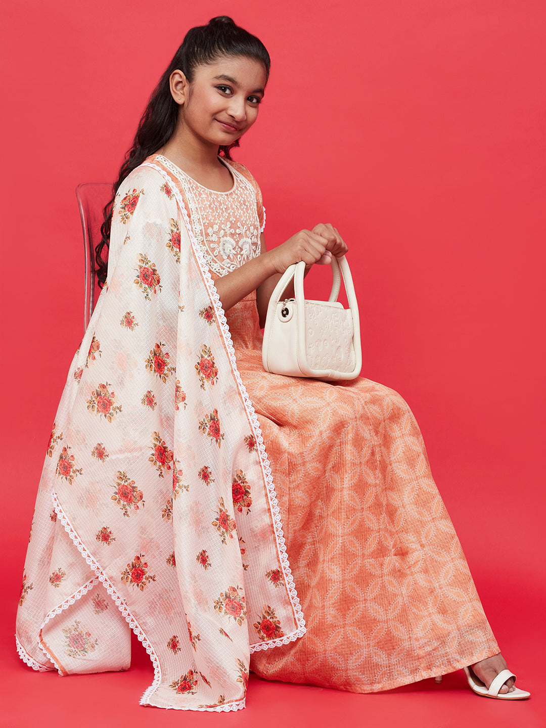 Peach Embroidered Yoke Maxi Dress With Dupatta