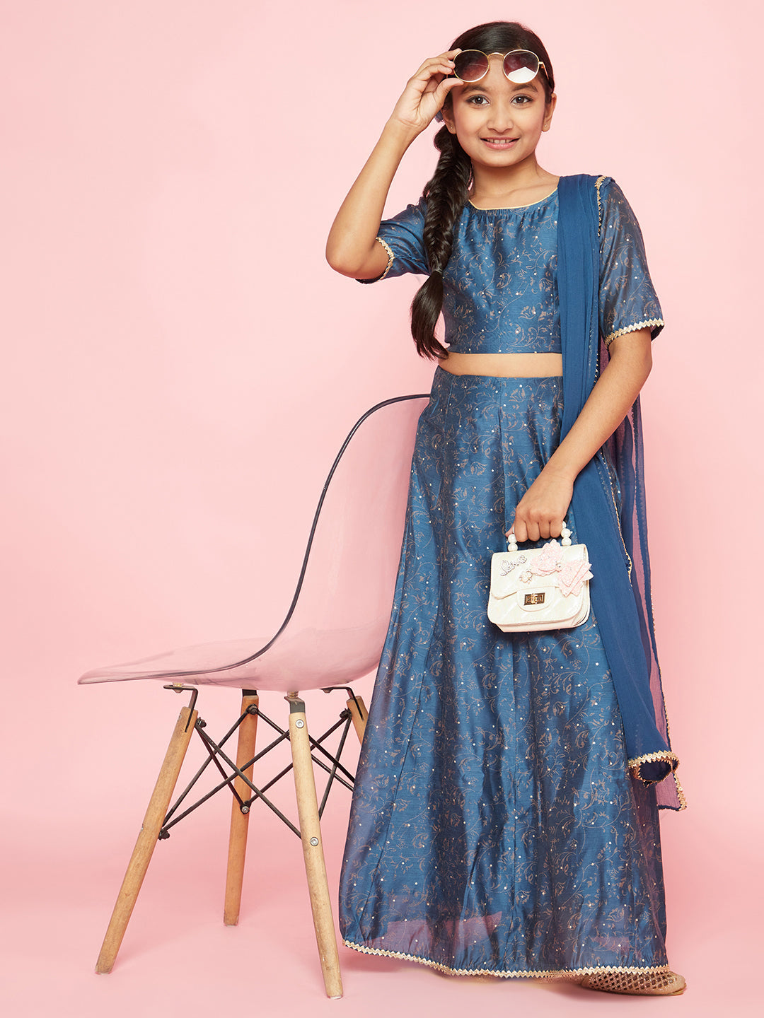 Blue Printed Lehenga Choli With Dupatta